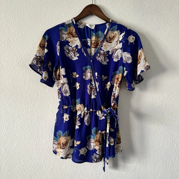 Wrap Top Blue Maximalist Floral Waist Tie Belt Sienna Sky Small Women’s Ruffle - Picture 14 of 14